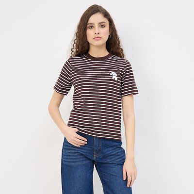 Women's Dark Chocolate Brown Cotton Round Neck Minimalist T-Shirt