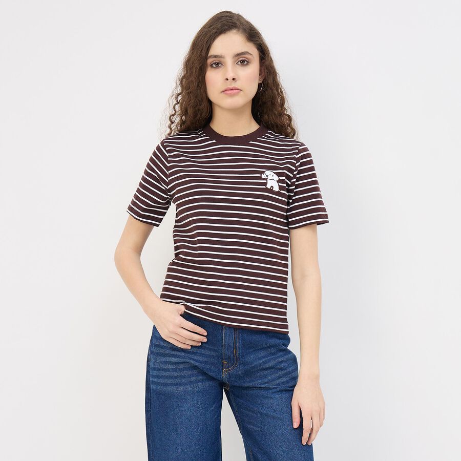 Women's Dark Chocolate Brown Cotton Round Neck Minimalist T-Shirt, Brown, large