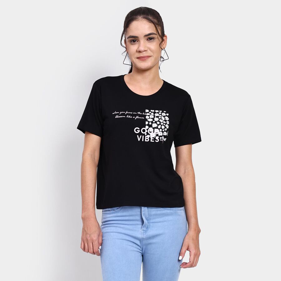 Ladies' Round Neck T-Shirt , काला, large image number null