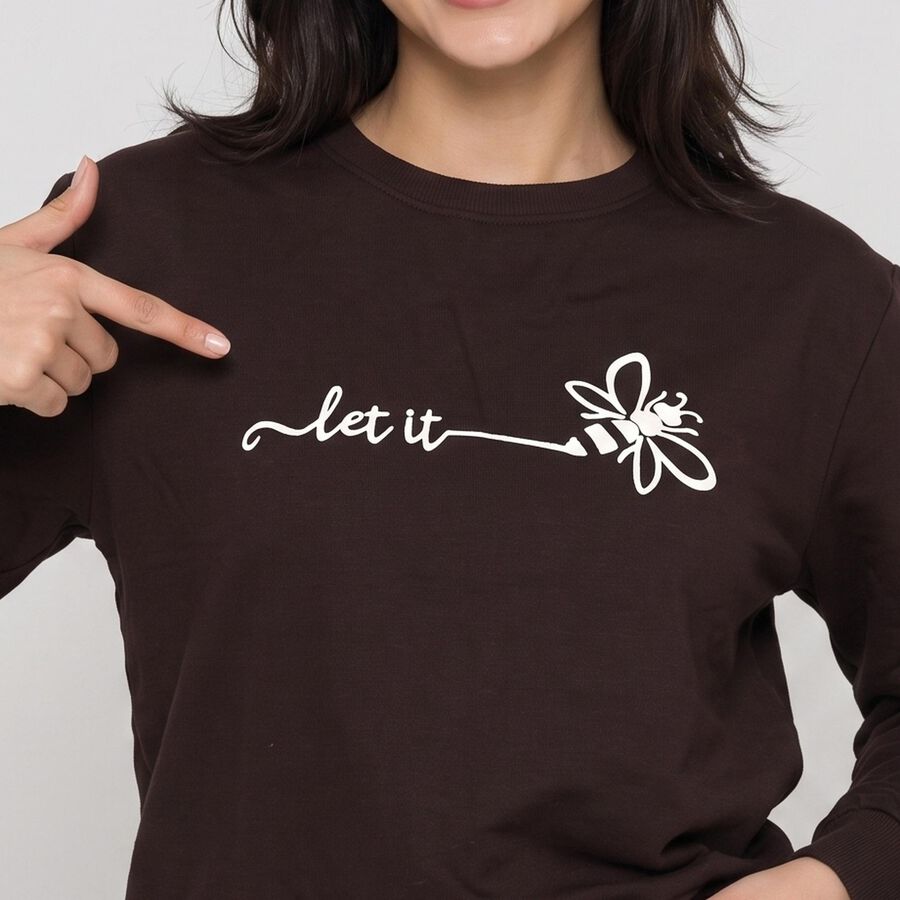 Women Brown Crew Neck Pullover Sweatshirt, Brown, large