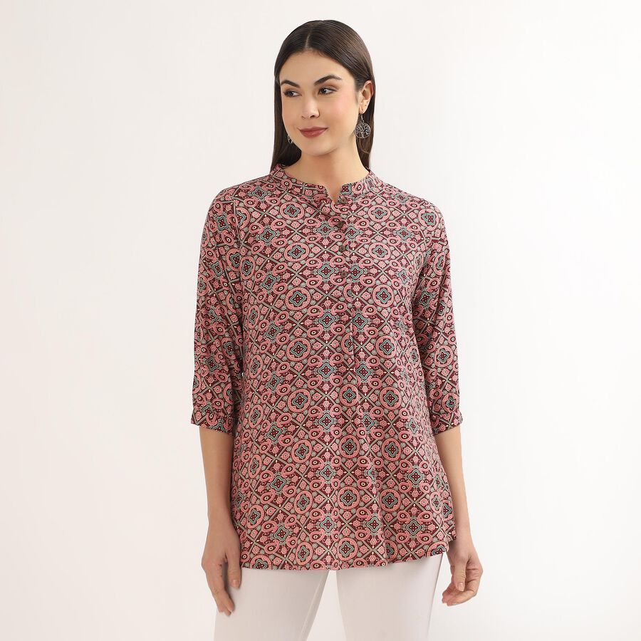 Women's Pink Notch Neck Floral Printed Kurti, Pink, large