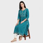 Women's Light Blue Round Neck Printed Flared Kurta, Light Blue, small