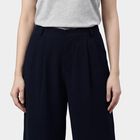 Women's Navy Blue Relaxed Fit Pleated Wide-Leg Trousers, नेवी ब्लू, small