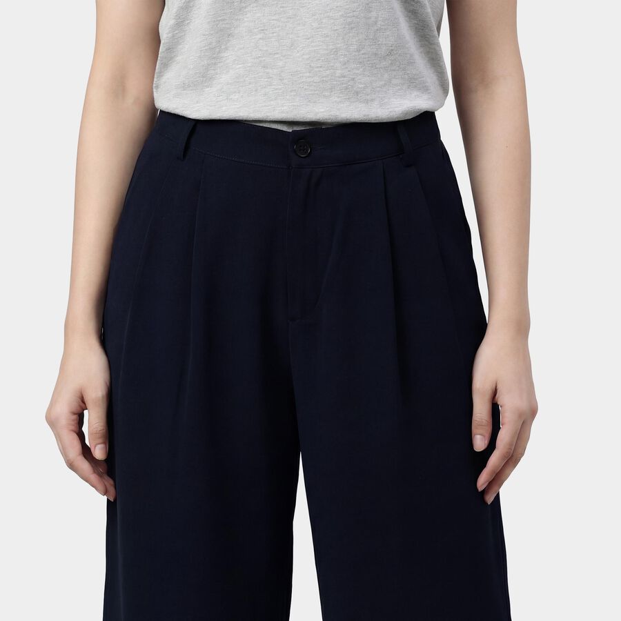 Women's Navy Blue Relaxed Fit Pleated Wide-Leg Trousers, नेवी ब्लू, large