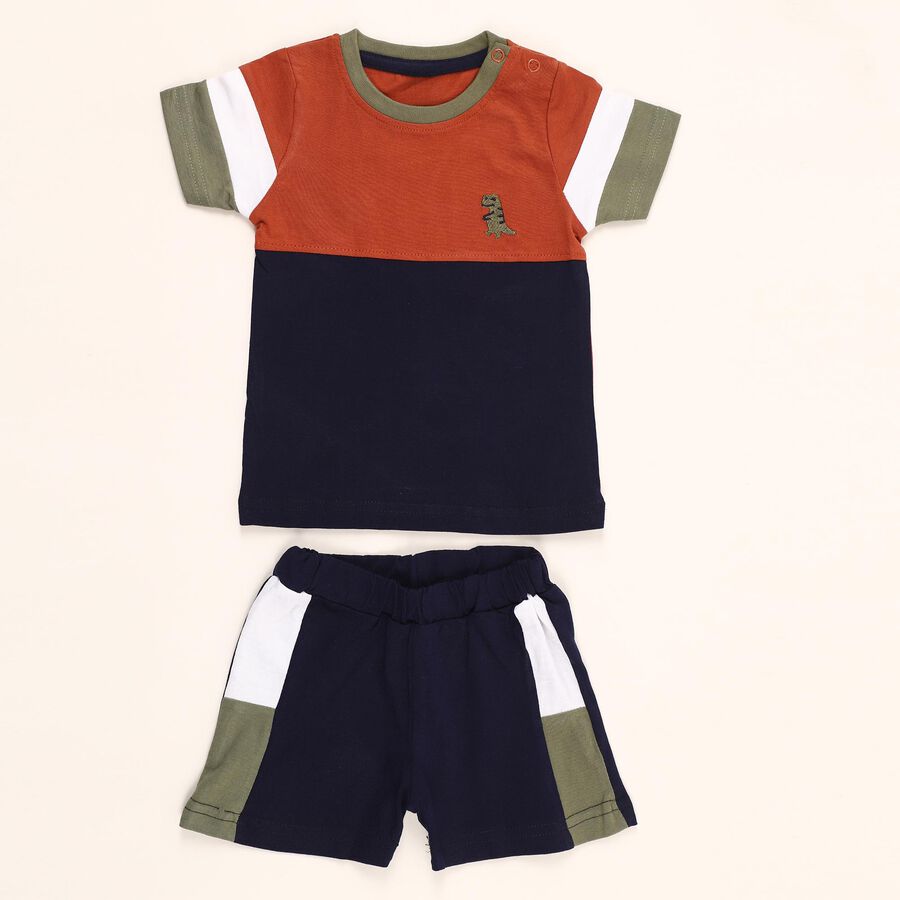 Infants' Rust Orange and Navy Cotton Round Neck Colorblock Baba Suit, नेवी ब्लू, large image number null