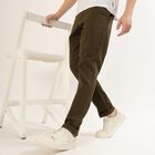 Men's Light Beige Slim Fit Flat-Front Casual Trousers, Olive, small