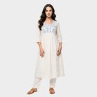 Women's Off White Cotton Notch Neck Embroidered Kurta, Off White, small