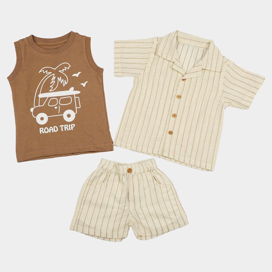 Infants' Beige 100% Cotton Camp Collar Striped Baba Suit, Beige, large