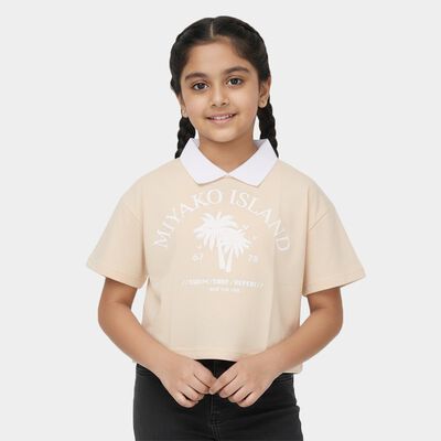 Girls Light Beige Cotton Polo Neck Casual T-Shirt