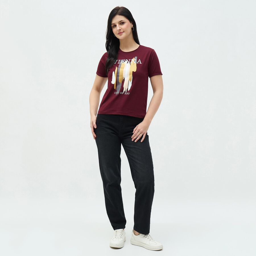 Women's Deep Burgundy Round Neck Casual Printed T-Shirt, वाइन, large