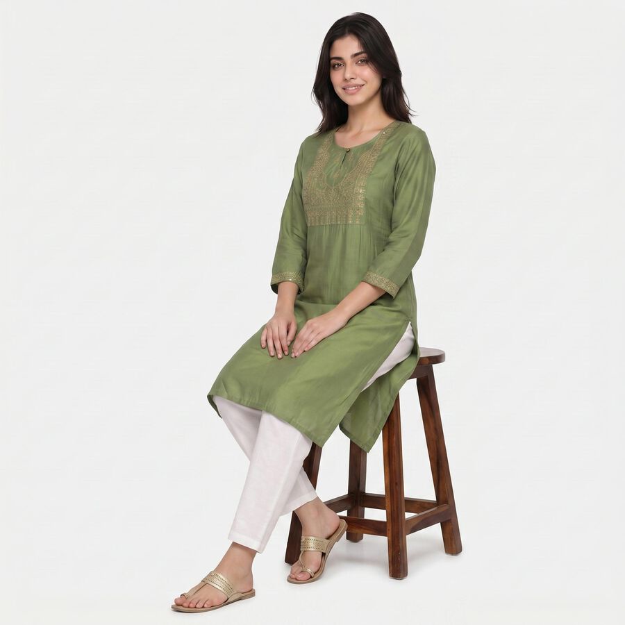 Women's Olive Green Round Neck Embroidered Kurta, हल्का हरा, large