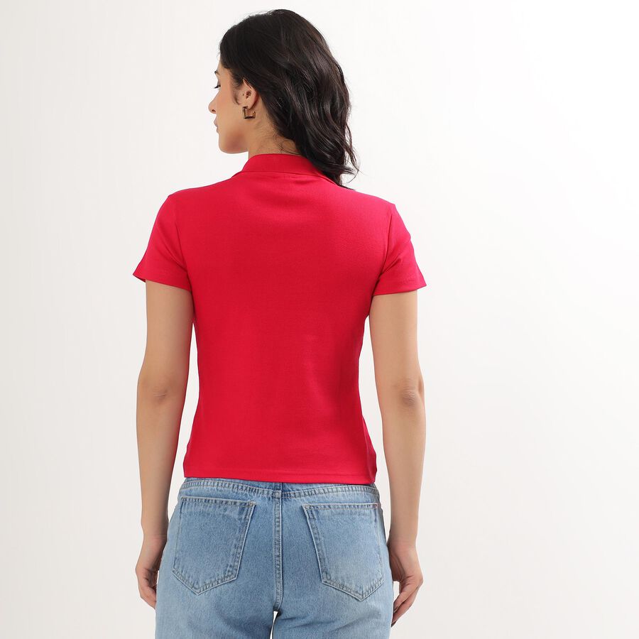 Women's Vibrant Red Polo Neck Ribbed T-Shirt, Fuchsia, large image number null