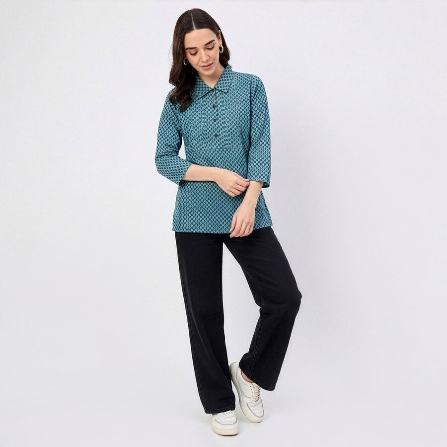 Women's Teal Mandarin Collar Geometric Printed Kurti, Mid Blue, large