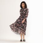 Women's Black Floral Mandarin Collar Midi Dress, Black, small