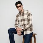 Men's Beige Cotton Long Sleeve Checked Casual Shirt, गहरा पीला, small