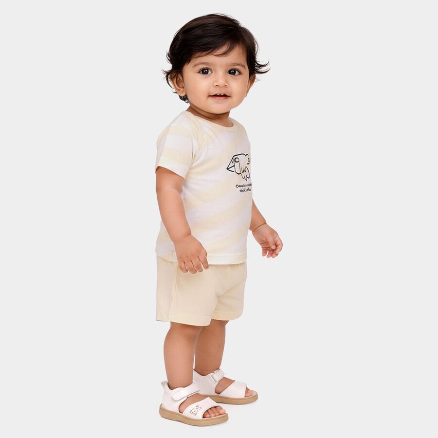 Infants' Beige Cotton Polo Neck Printed Baba Suit, गहरा पीला, large