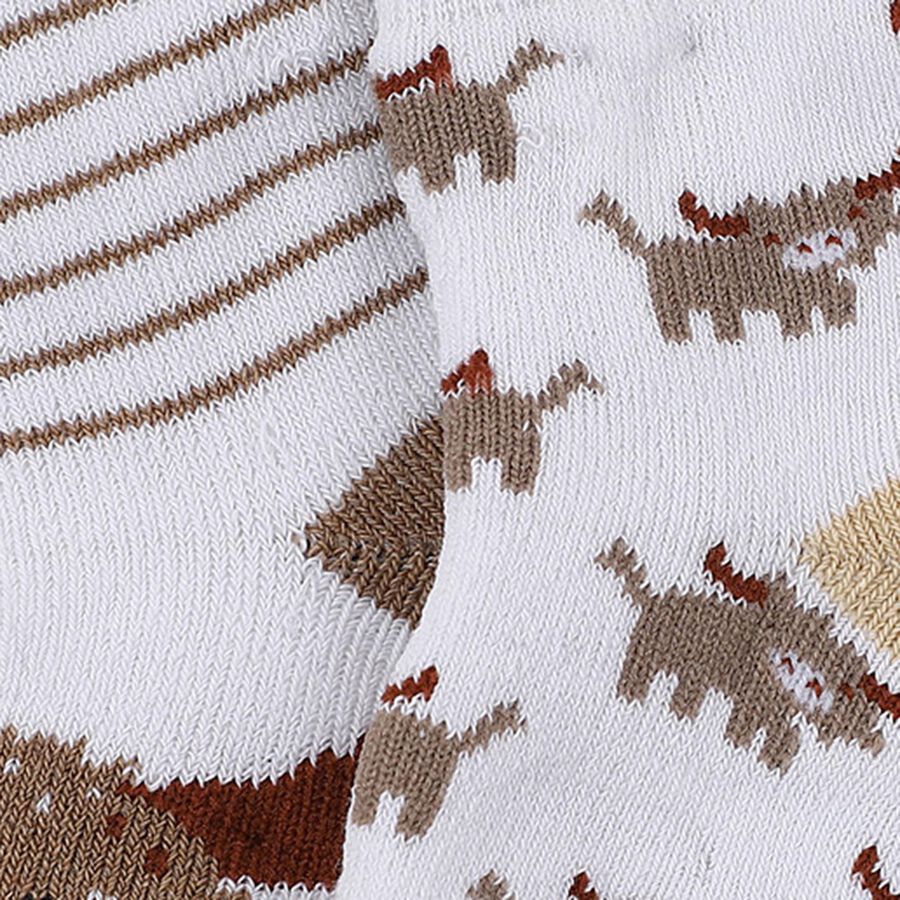 Infants White and Brown Regular Fit Animal and Stripe Design Pack of 2 Socks, काला, large image number null