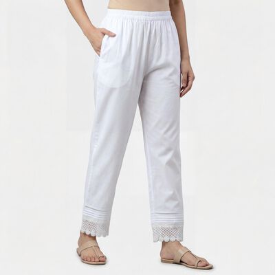 Women's Off White Relaxed Fit Cotton Elastic Waist Solid Palazzos