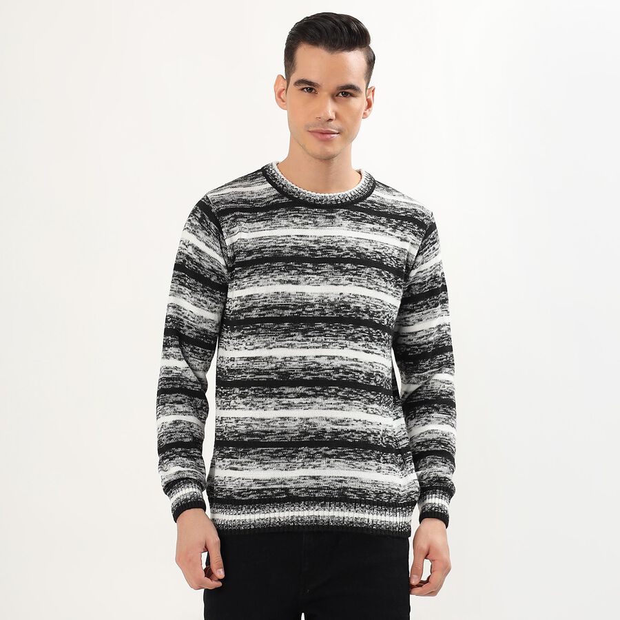 Men's Black and White Crew Neck Casual Pullover, काला, large image number null
