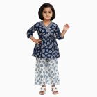 Girls' Deep Navy Blue Wrap-Style Floral Printed Kurta and Palazzo Fusion Set, Navy Blue, small