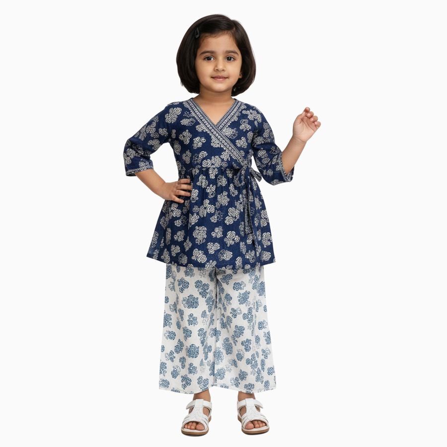 Girls' Deep Navy Blue Wrap-Style Floral Printed Kurta and Palazzo Fusion Set, Navy Blue, large
