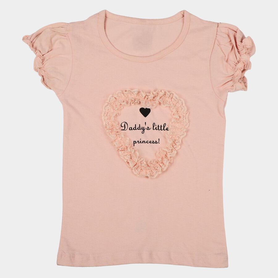 Girls Peach Cotton Round Neck Regular T-Shirt, हल्का गुलाबी, large