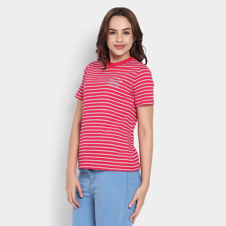 Ladies'  Stripes Round Neck T-Shirt, रानी (फ्यूशिया), large image number null