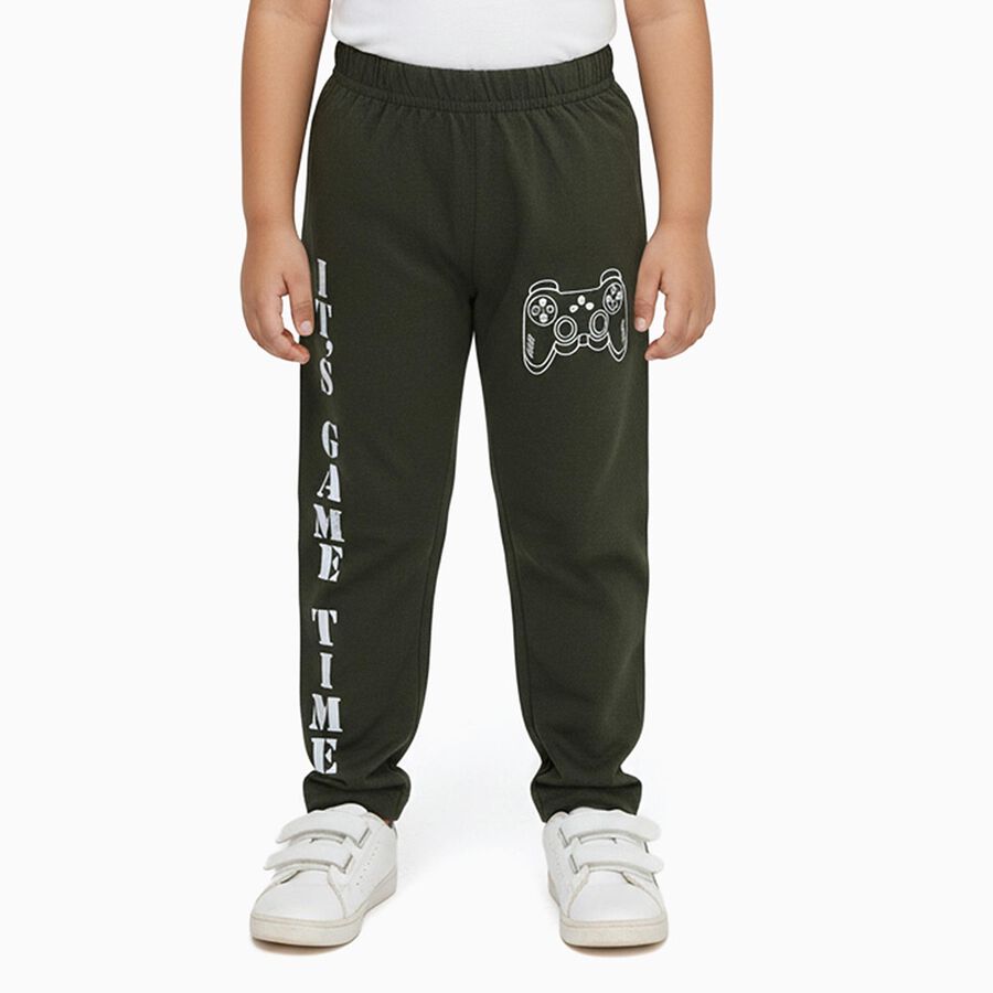 Boys' Deep Olive Green Gaming Print Cotton Blend Pyjama, ओलिव, large image number null