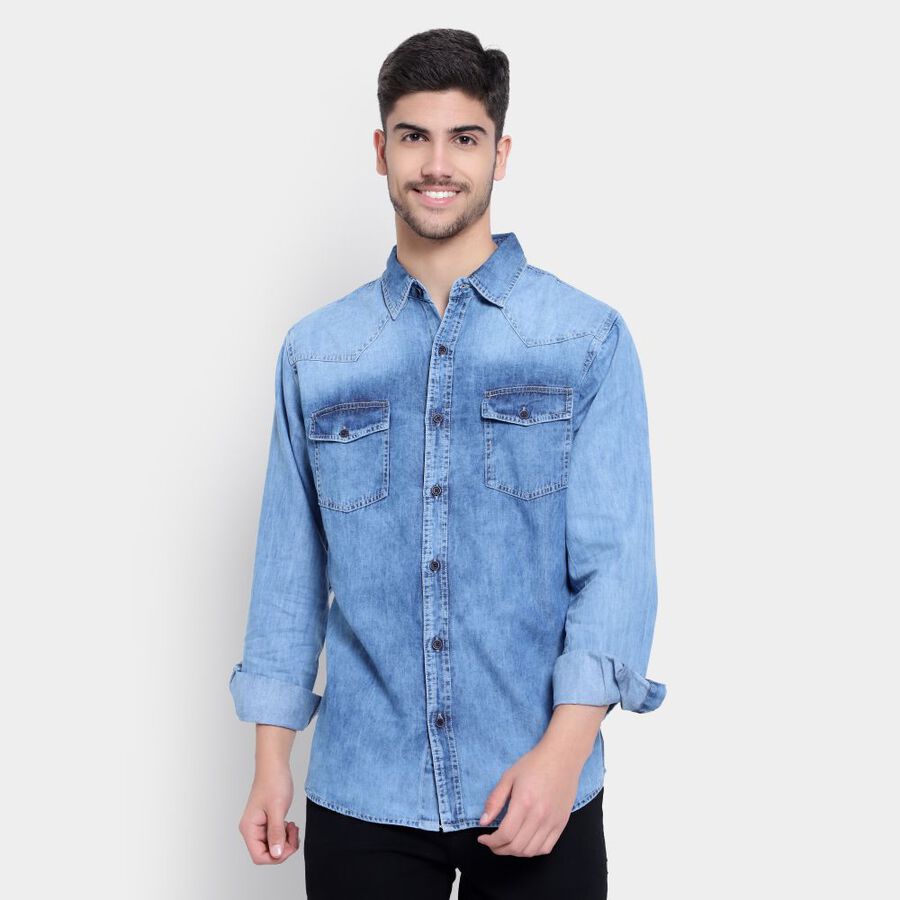 Cotton Solid Casual Shirt, Mid Blue, large image number null