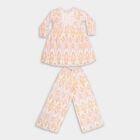 Girls Peach and White Embroidered Ikat Print Kurta and Palazzo Fusion Set, Off White, small image number null