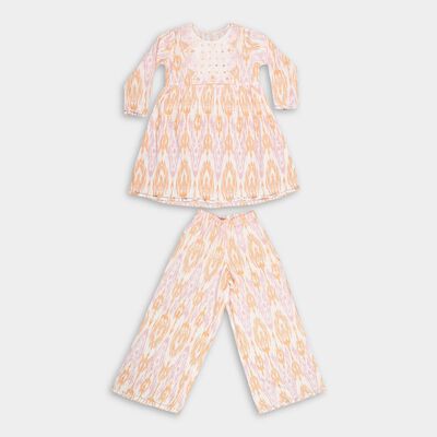 Girls Peach and White Embroidered Ikat Print Kurta and Palazzo Fusion Set