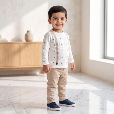Infants' Beige Round Neck Printed Baba Suit