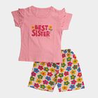 Girls' Pink Cotton Crew Neck Printed Top and Shorts Set, हल्का गुलाबी, small