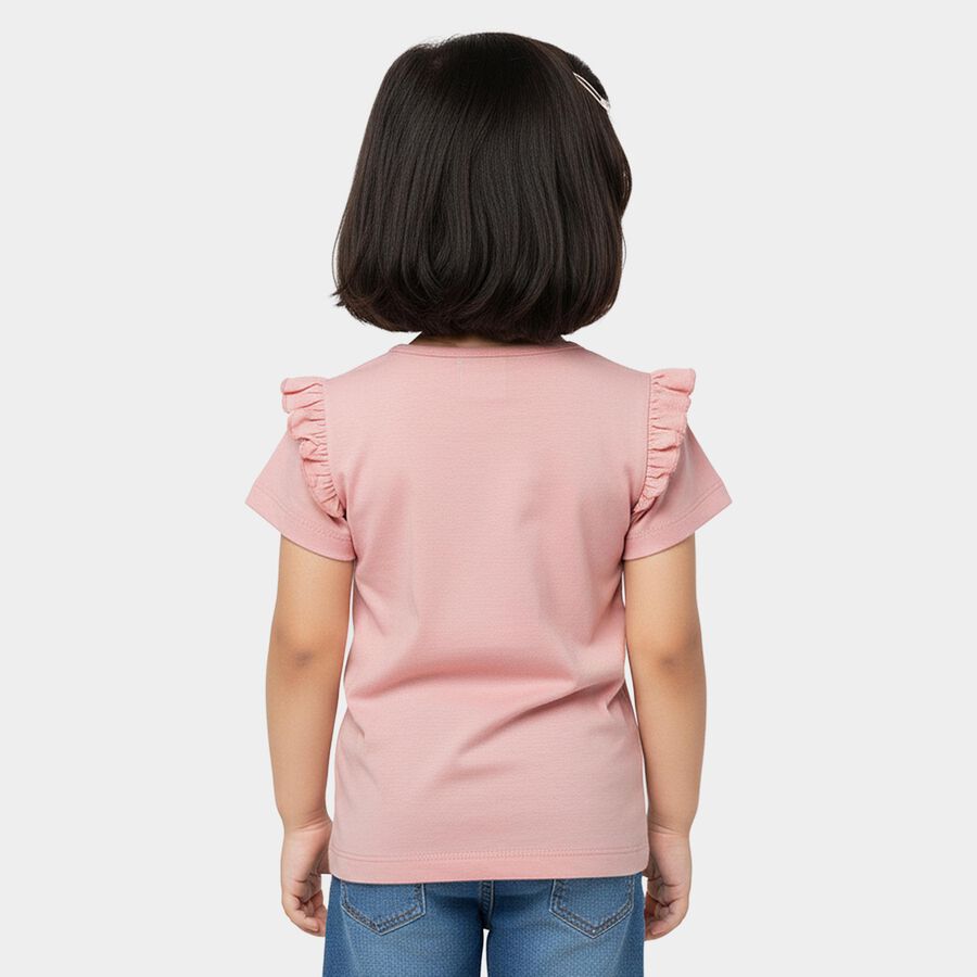 Girls' Pink Cotton Round Neck Ruffle Sleeve Printed T-Shirt, हल्का गुलाबी, large