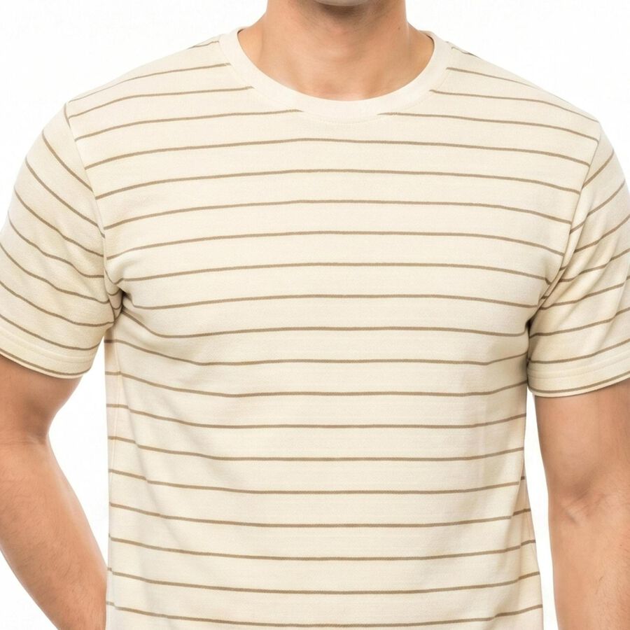 Men's Brown Round Neck Striped T-Shirt, Brown, large