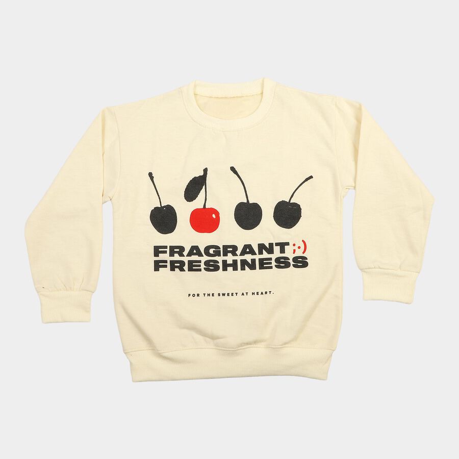 Girls' Cream Crew Neck Graphic Print Sweatshirt, ऑफ व्हाइट, large