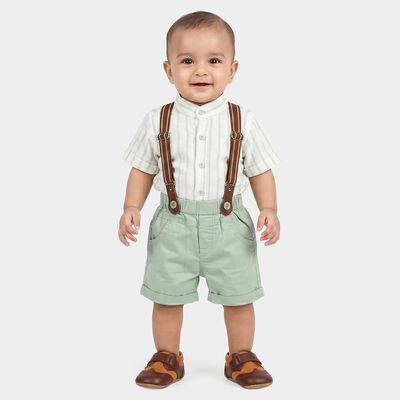 Infants' Mint Green Mandarin Collar Striped Suspender Baba Suit