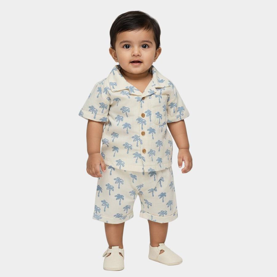 Infants' Off-White Cotton Collared Palm Tree Printed Baba Suit, Off White, large