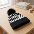 Boys' Black Checkered Pom Pom Beanie Cap, Black, small