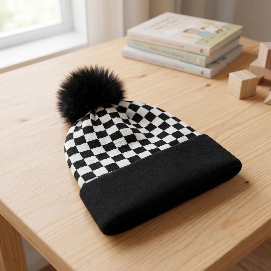 Boys' Black Checkered Pom Pom Beanie Cap, Black, large