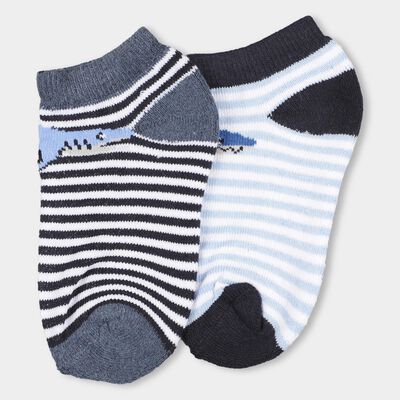 Boys' Dark Navy and Light Sky Blue Regular Fit Striped Shark Design Pack of 2 Socks