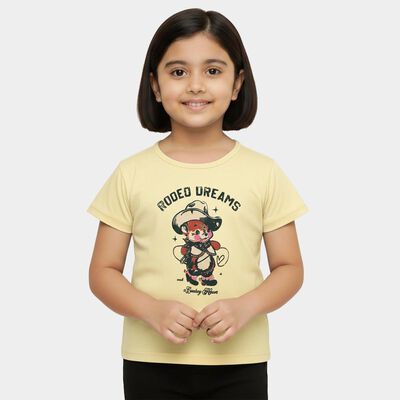 Girls' Bright Yellow Cotton Round Neck Casual T-Shirt