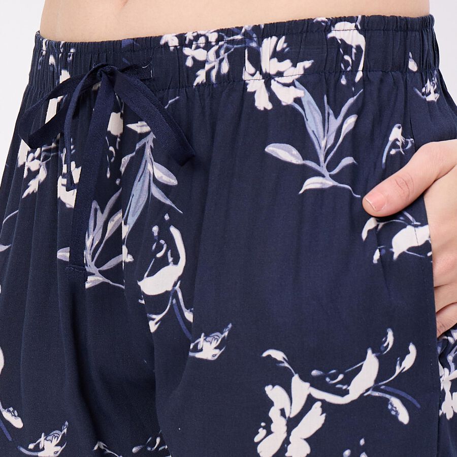 Women's Navy Blue Relaxed Fit Leaf Printed Pyjama, नेवी ब्लू, large