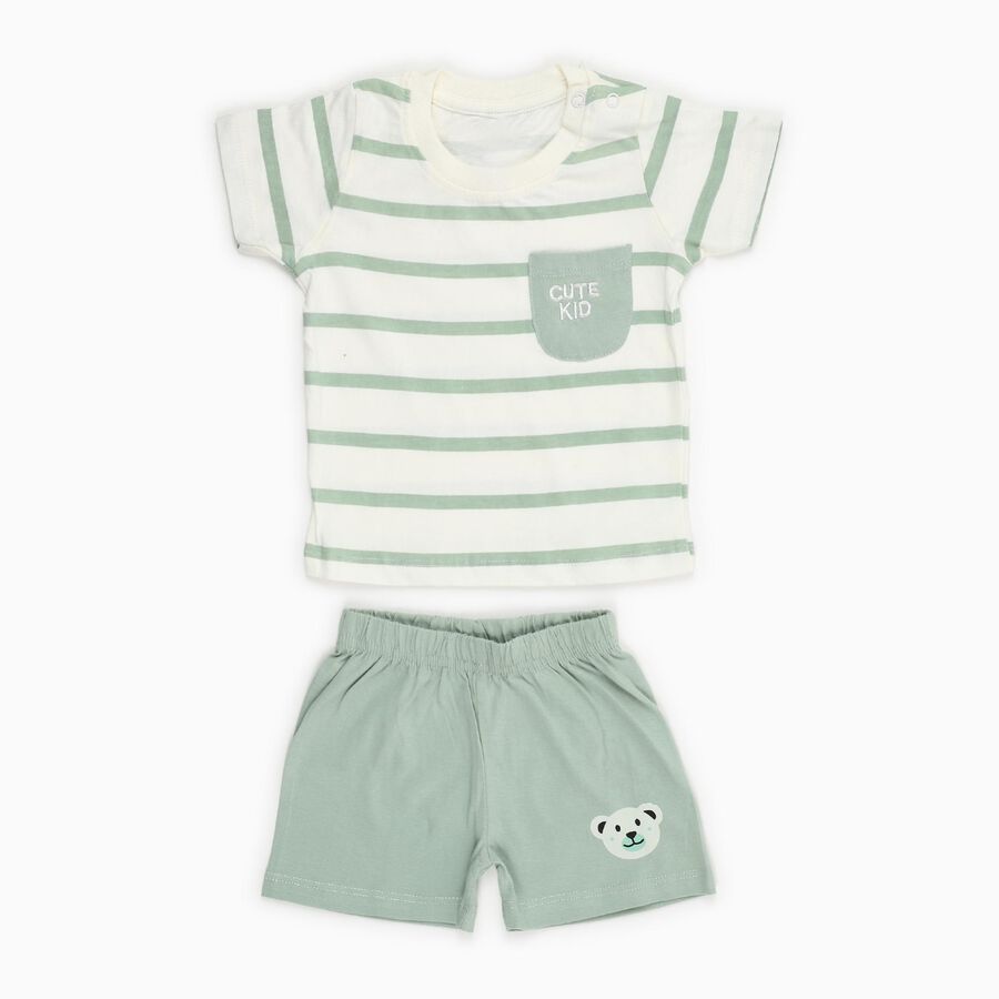 Infants' Light Green Cotton Round Neck Striped Baba Suit, Light Green, large