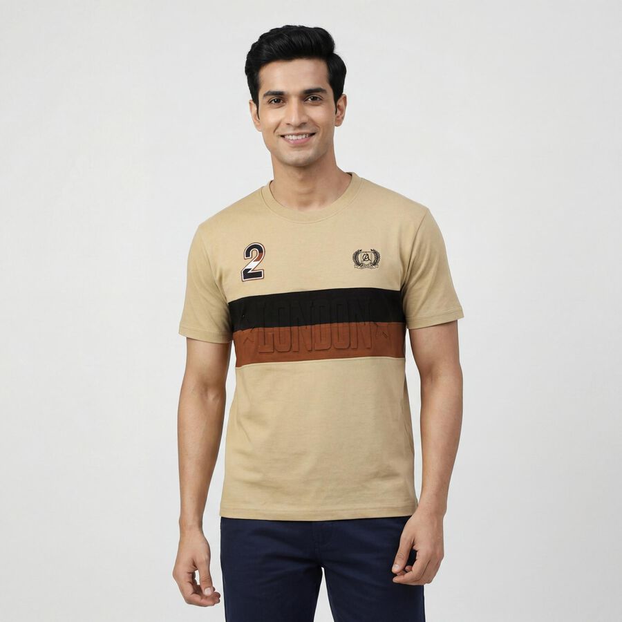 Men's Brown Round Neck Casual T-Shirt, भूरा, large