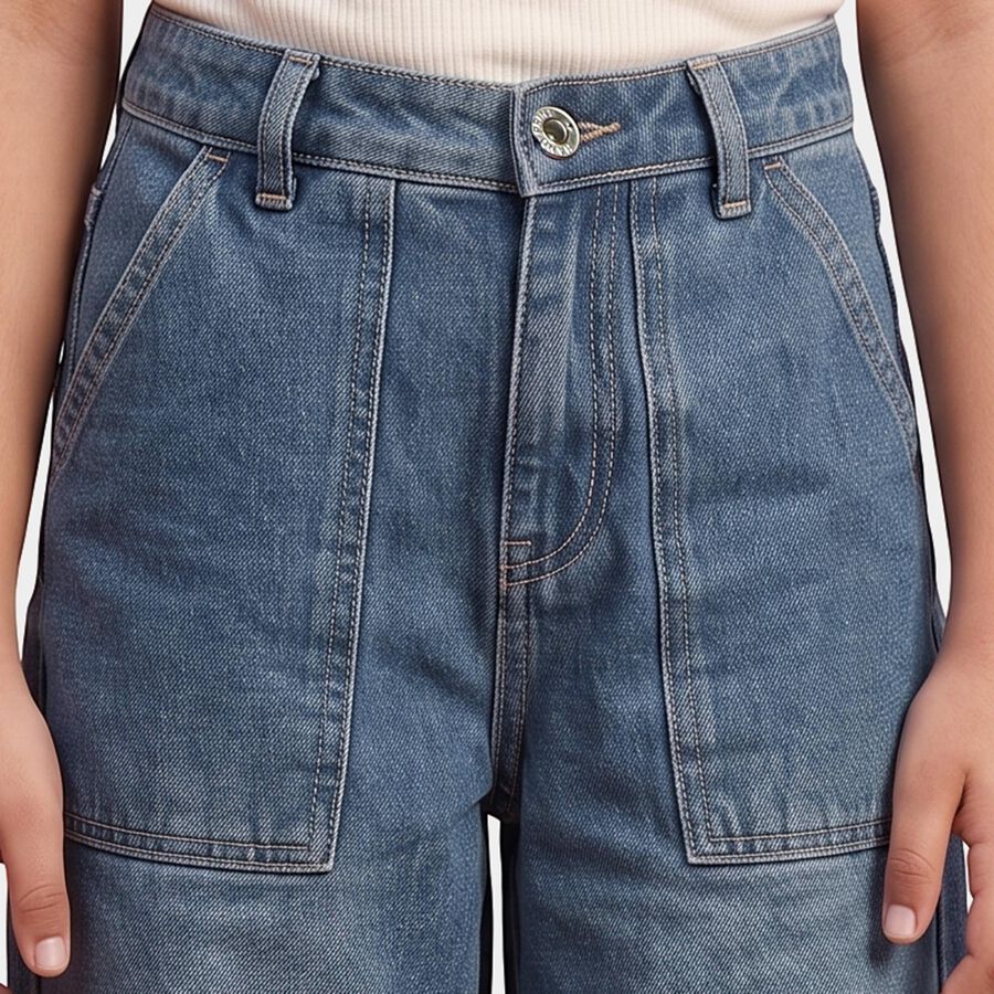 Girls Blue Cargo Fit Utility Pocket Jeans, Mid Blue, large