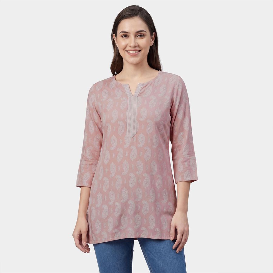 Women's Pink Notch Neck Floral Printed Kurti, हल्का गुलाबी, large