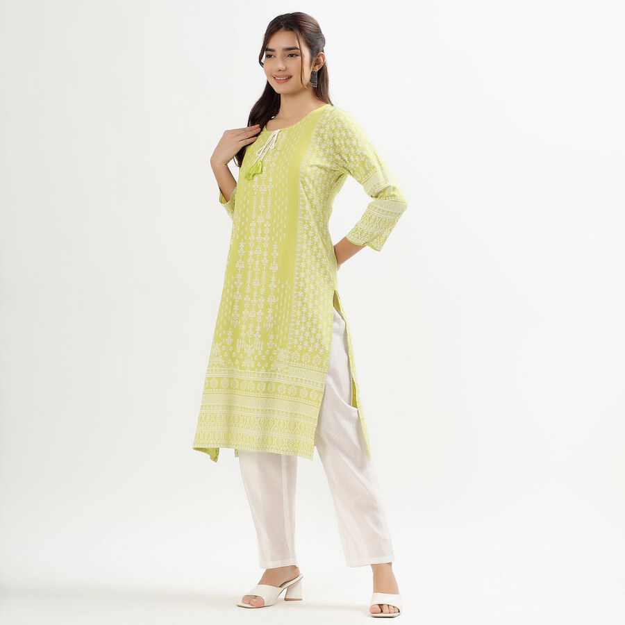 Ladies' Light Lime Green Round Neck Printed Kurta, Light Green, large