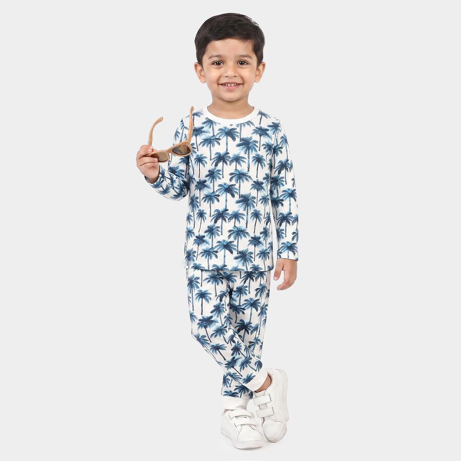 Boys White 100% Cotton Round Neck Palm Print Baba Suit, White, large