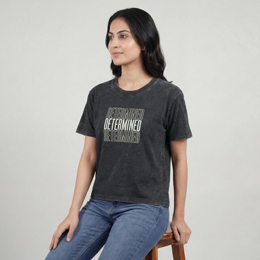 Women Black Round Neck Graphic T-Shirt, काला, large